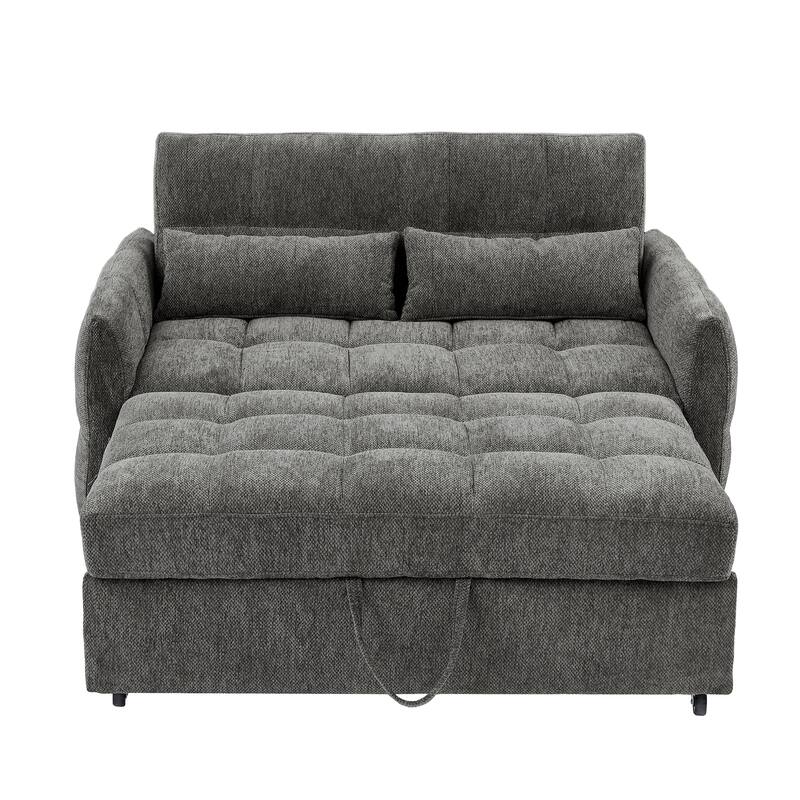 Chenille Loveseat Sofa Pull-out Sofa Bed, Upholstered Futon Sofa Adjustable Backrest Lounge Couch w3 USB Ports & 2 Pillows