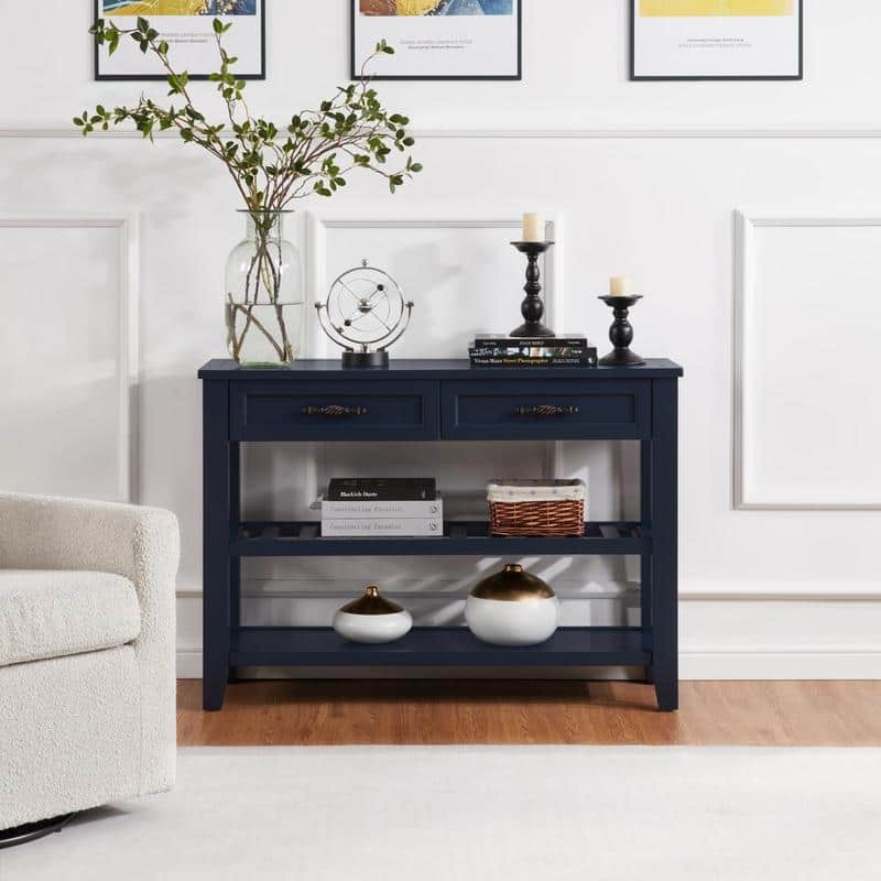 Vintage-Inspired Pine Console Table - Two-Tier Open Shelf Design for Living Spaces‌.