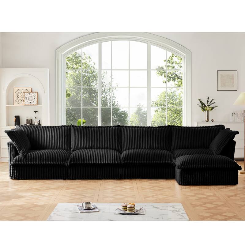156" Corduroy Modular Sectional Sofa w/ Removable Slipcovers, Ottoman