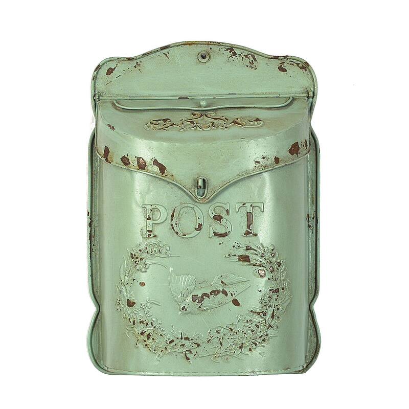 Embossed Tin Post Box with Distressed Finish - Aqua