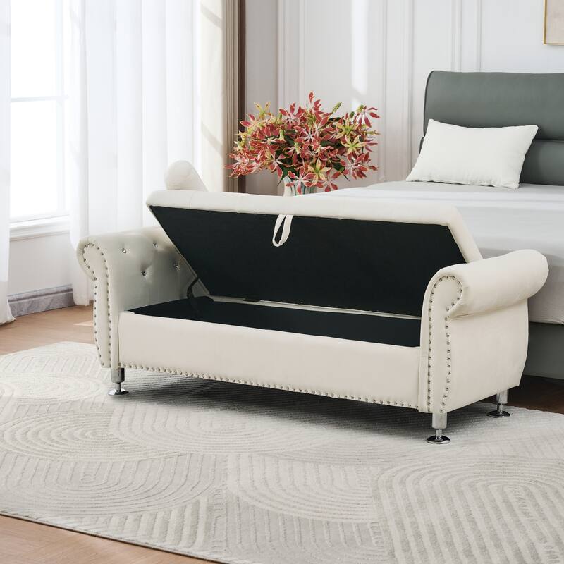 Velvet Storage Bench 62.2 Inch Upholstered Tufted Ottoman Bench with Rolled Arms, Large End of Bed Bench with Rivet Decoration