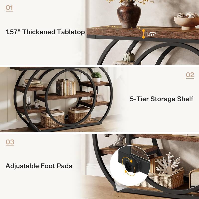 47 Inches Brown Engineered Wood Console Table, 5-Tier Industrial Entryway Table with Storage Shelves