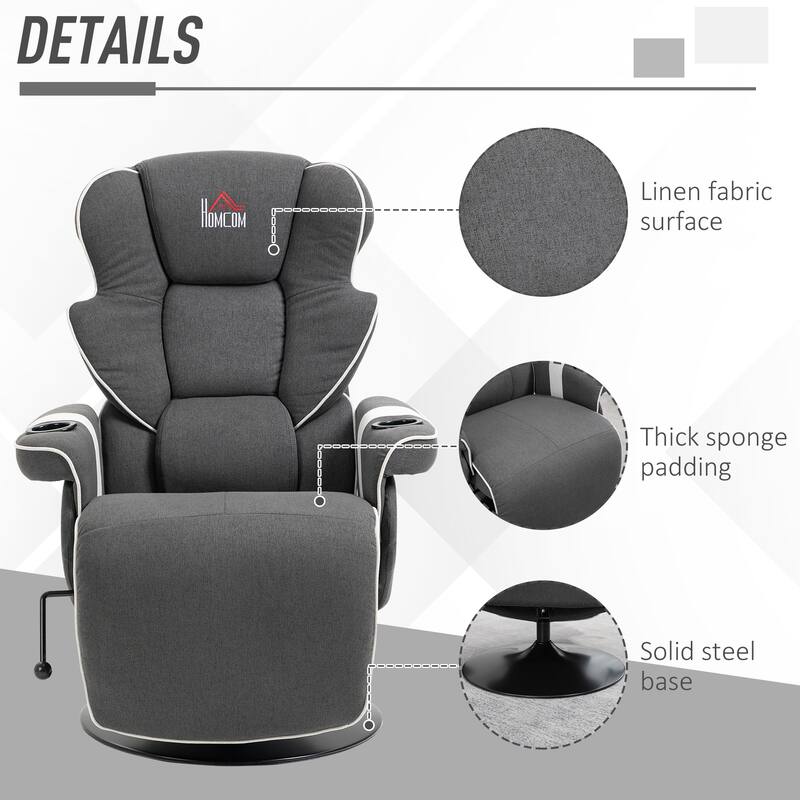 Manual Swivel Recliner Chair Linen Upholstered Lounge Chair with Adjustable Backrest, Footrest and Dual Cup Holders