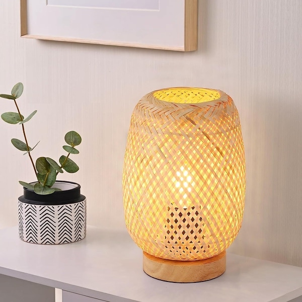 Farmhouse Natural Bamboo Rattan Table Lamp Boho Handmade Woven Wooden Nightlight with Industrial Wicker Desk Light Bedroom Yellow
