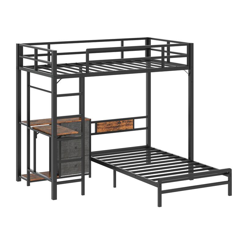 Metal Bunk Bed with Folding Table, 3 Storage Drawers, LED Lights & USB Ports