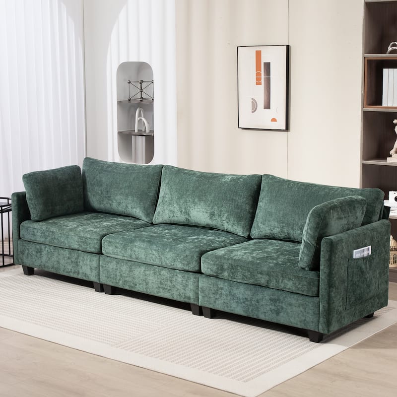 Chenille Modular Sofa, Upholstered Modern 3-Seater Couch with Ultra-Soft Cushions, Side Pocket - Green