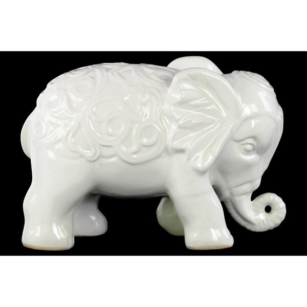 Standing Elephant Figurine with Embossed Swirl Design White - Benzara