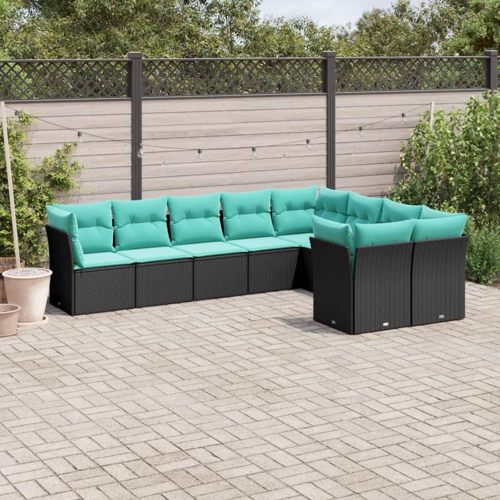 vidaXL 9 Piece Patio Sofa Set with Cushions Black Poly Rattan