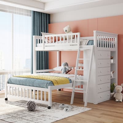 Twin Over Full Wood Bunk Bed with Six Drawers and Shelves