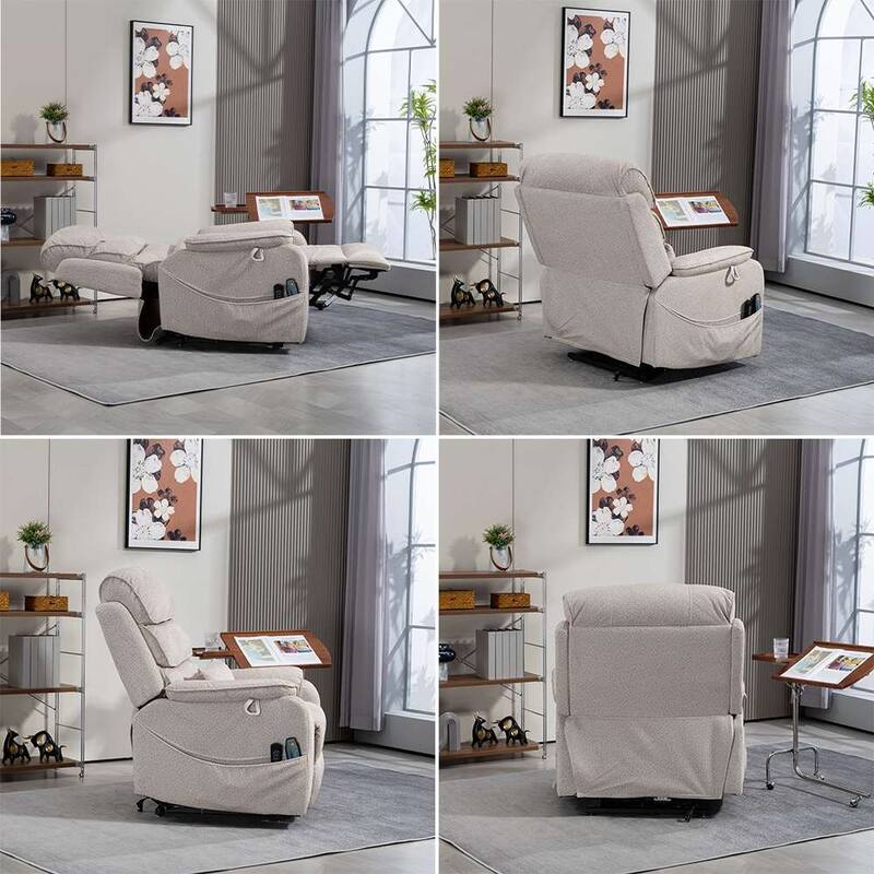 Dual Motor Oversized 180° Lay Flat Chenille Power Lift Recliner Chair with Retractable Tray, Wireless Charge