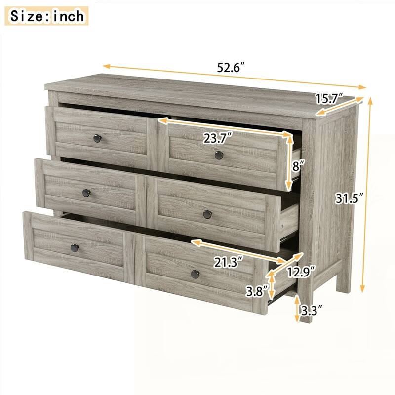 Farmhouse Style Wooden Dresser with 6 Drawer