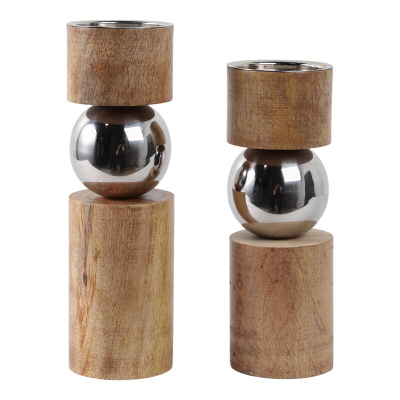 Candle Holders Set of 2 - Tan Wood Iron Sphere, 11/13" - 13.0"