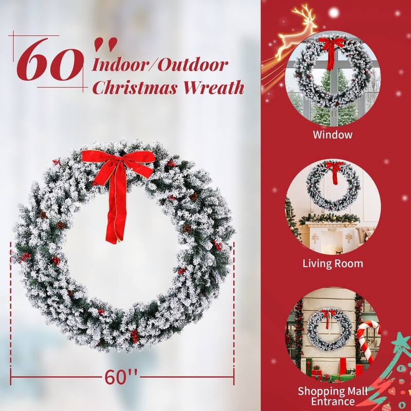 Pre-lit Snow Flocked Christmas Wreath, Lighted Artificial Xmas Wreath with Lights and DIY Ornaments, for Xmas Party Decorations
