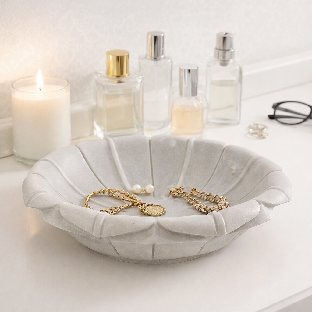 Decorative Flower Shaped Marble Bowl - 12", White & Ivory - 11.75"