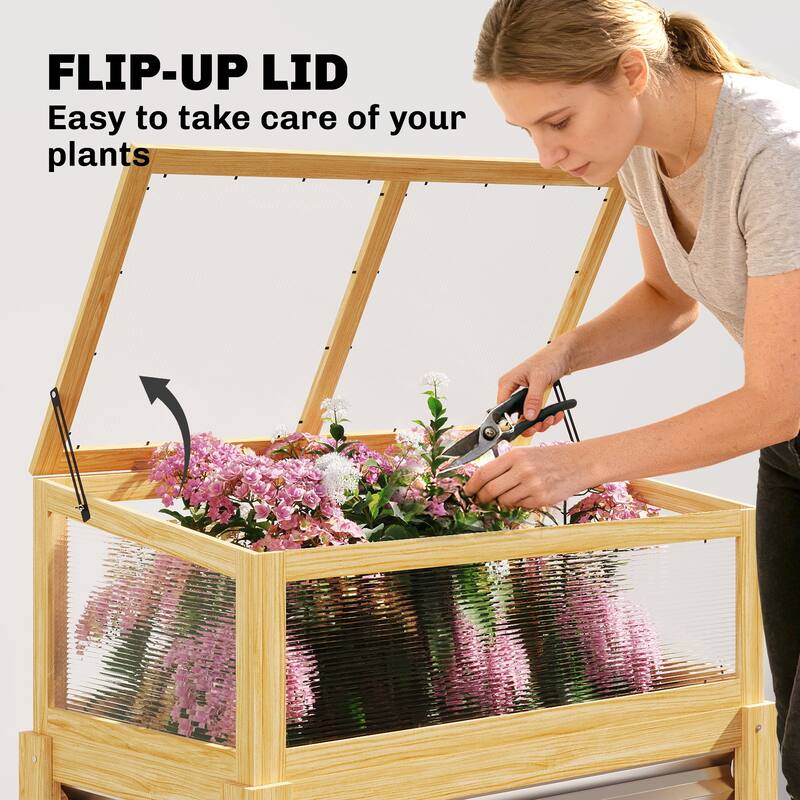 Outsunny Wooden Raised Garden Bed with Flip-Up Greenhouse Top, Raised Garden Bed with Legs and Bed Liner