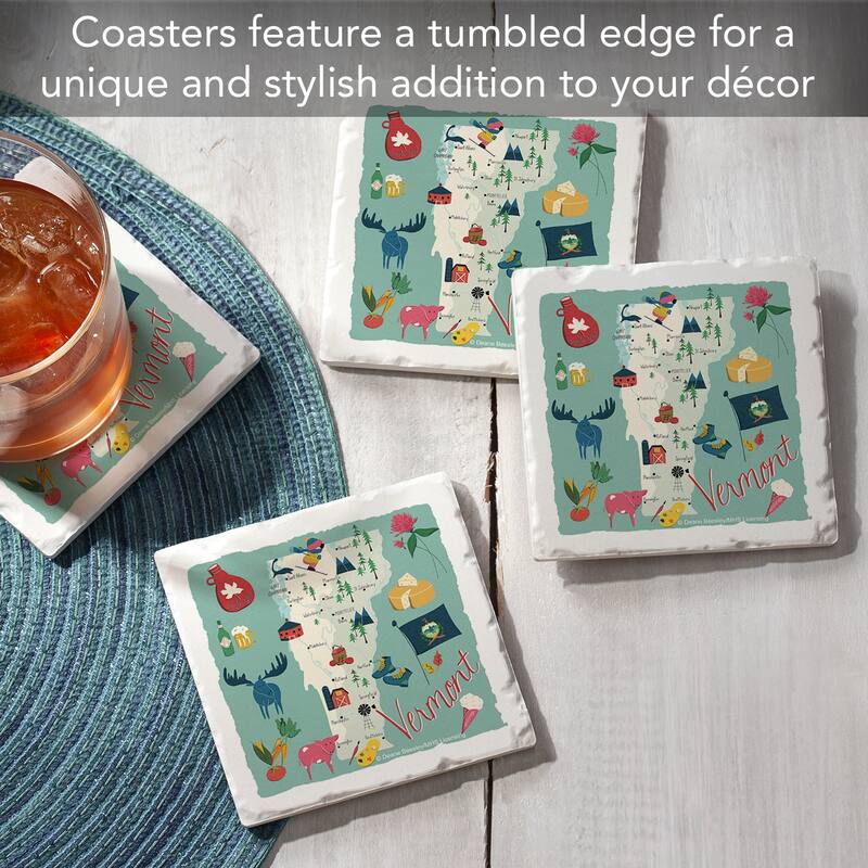 Vermont Home 4-Pack Absorbent Stone Coasters with Protective Cork Backing 4" Square Made in The USA Artistic Easily Wipes Clean