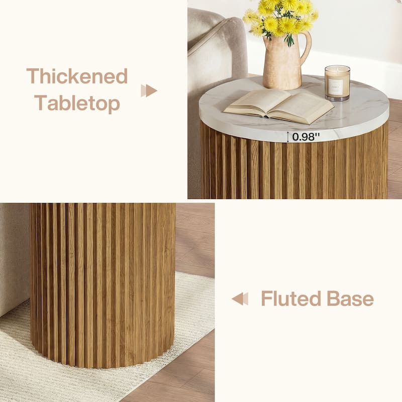 Round Fluted Side Table, Small End Table with Faux Marble Tabletop and Drum Pedestal