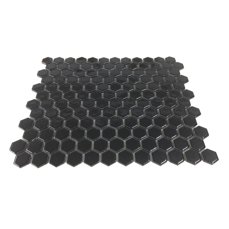 Porcelain Mosaic Hexagon Glossy Black Floor and Wall Tile 19.3 Sq Ft Renovators Suppply