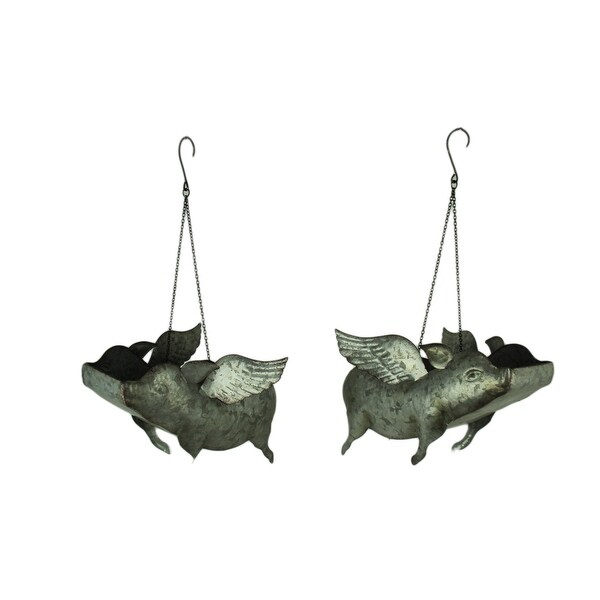Galvanized Metal Flying Pig Hanging Planters Set of 2 - 8.5 X 14 X 9 inches