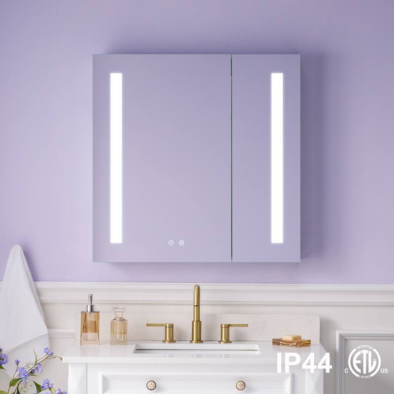 Recessed or Surface 30" H LED Mirror Cabinet with Adjustable Glass Shelves,Defogger, Dimmer And Outlets & USB Ports