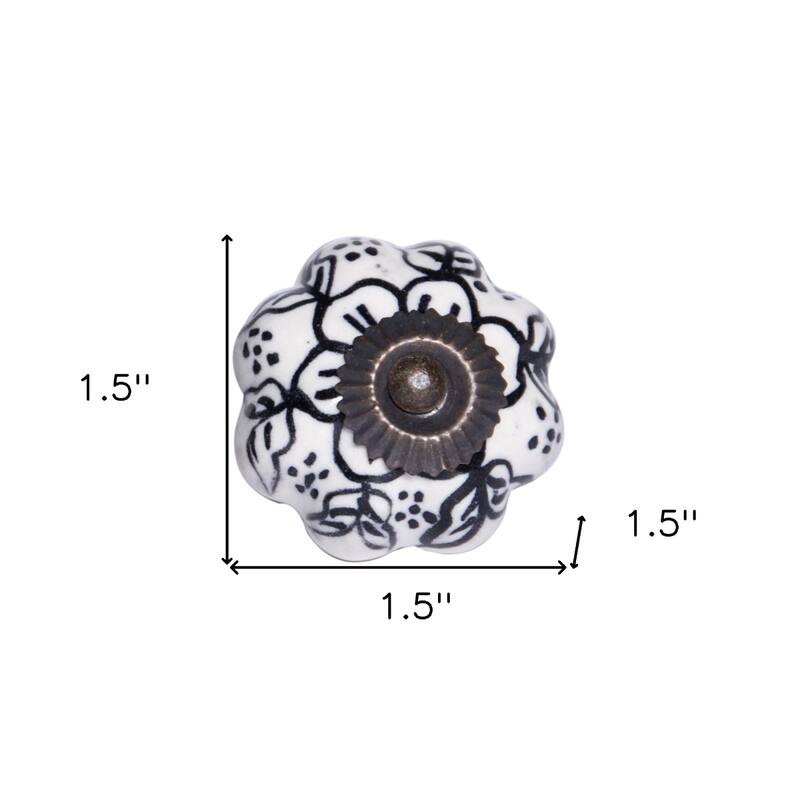 Set of 8 Hand-Painted Ceramic & Metal Knobs Black & White Floral Round Pulls - 1.5" x 1.5" x 1.5"
