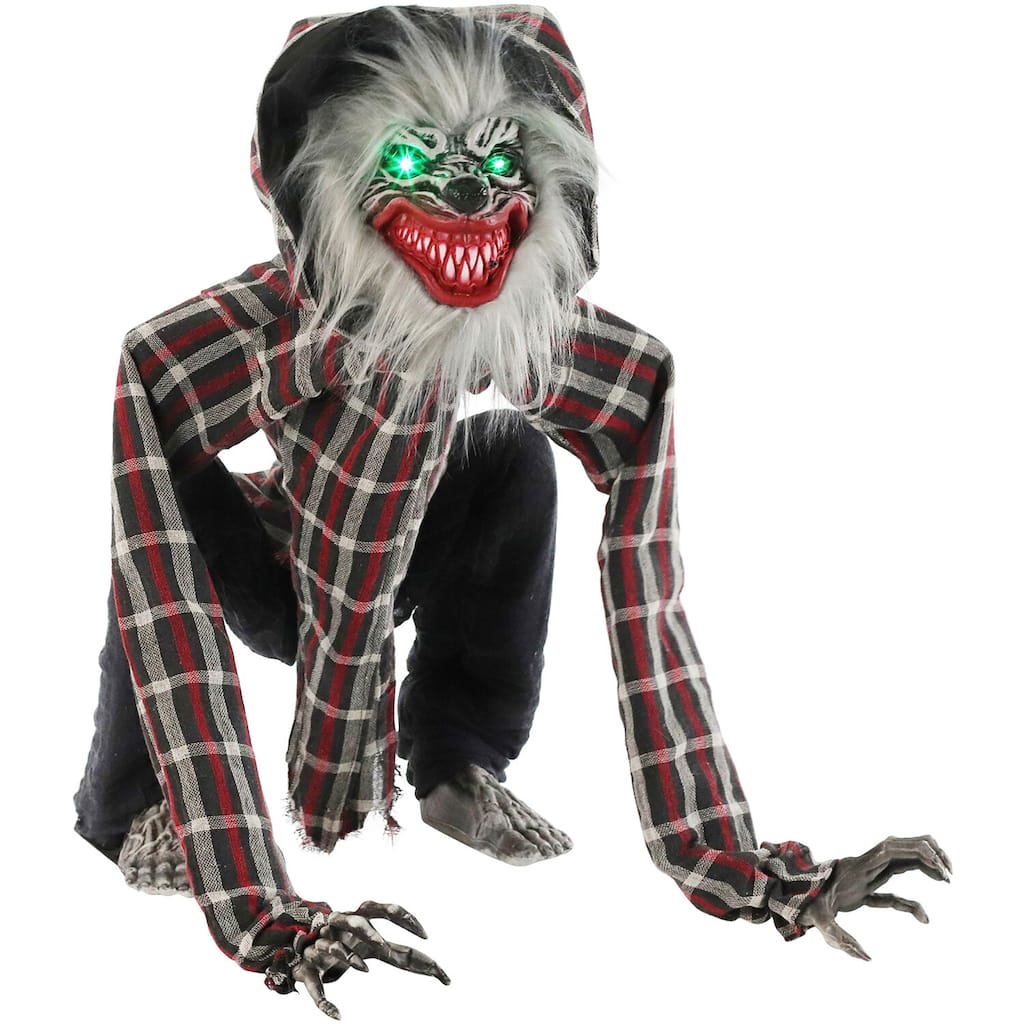 Haunted Hill Farm Smiley the Animatronic Squatting Werewolf with Movement, Sounds, and Light-Up Eyes for Halloween Decoration