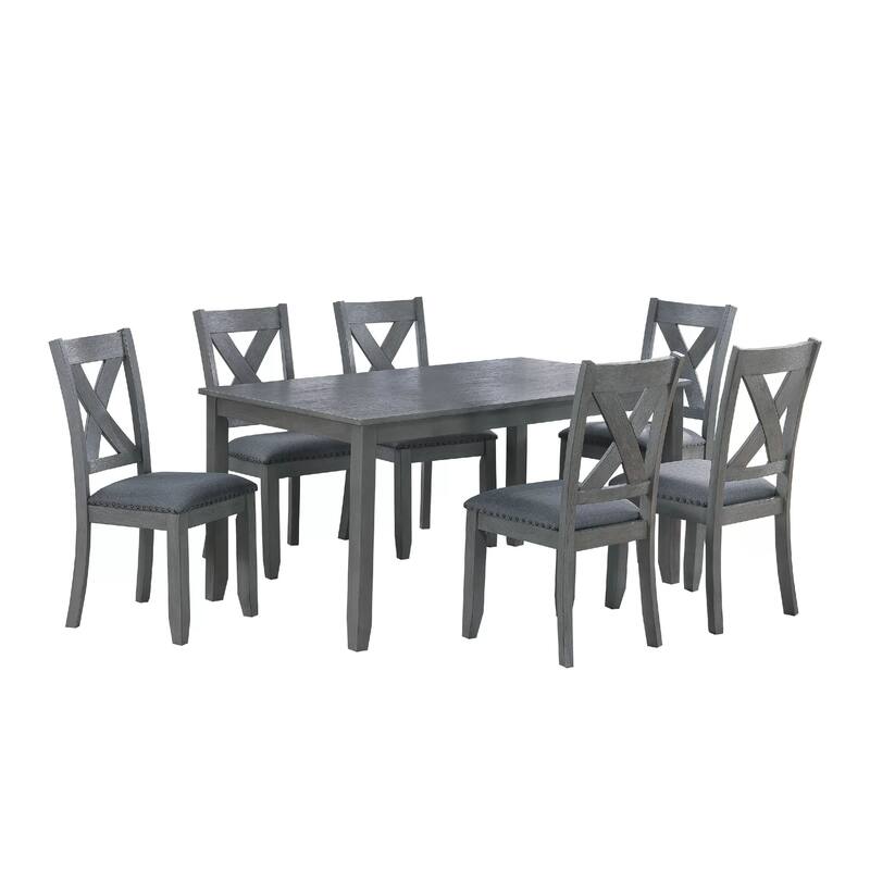 Carla 7pc Dining Table Set 6 Chairs, Nailhead Trim, Farmhouse Gray Wood