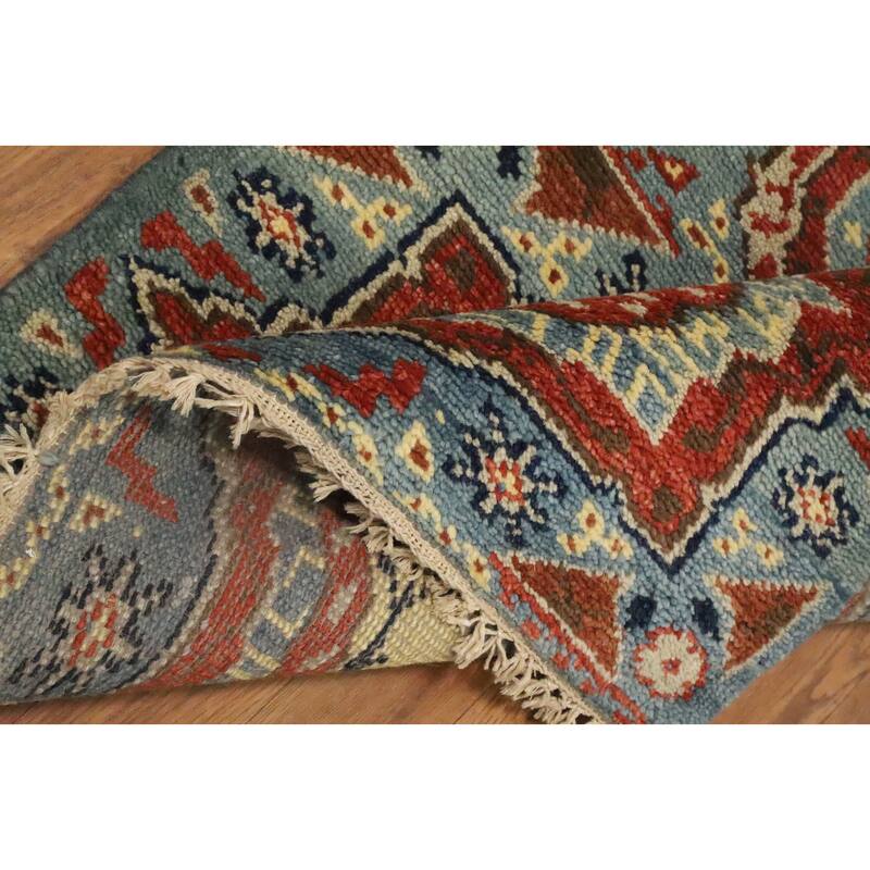 Hand Knotted Oriental 100% Wool Carpet Traditional Geometric Navy Blue & Blues Kazak Runner Rug - 7' 11'' X 2' 5''