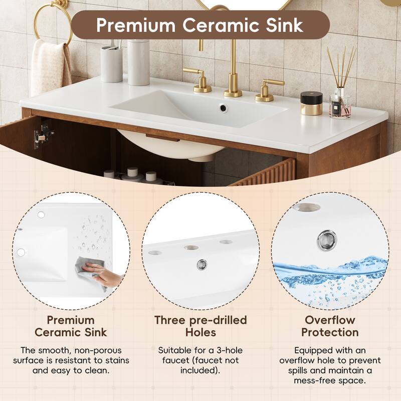 Christopher Knight Home - Mid-Century Freestanding Bathroom Vanity with Ceramic Sink, Flip-Up & Dual Drawers