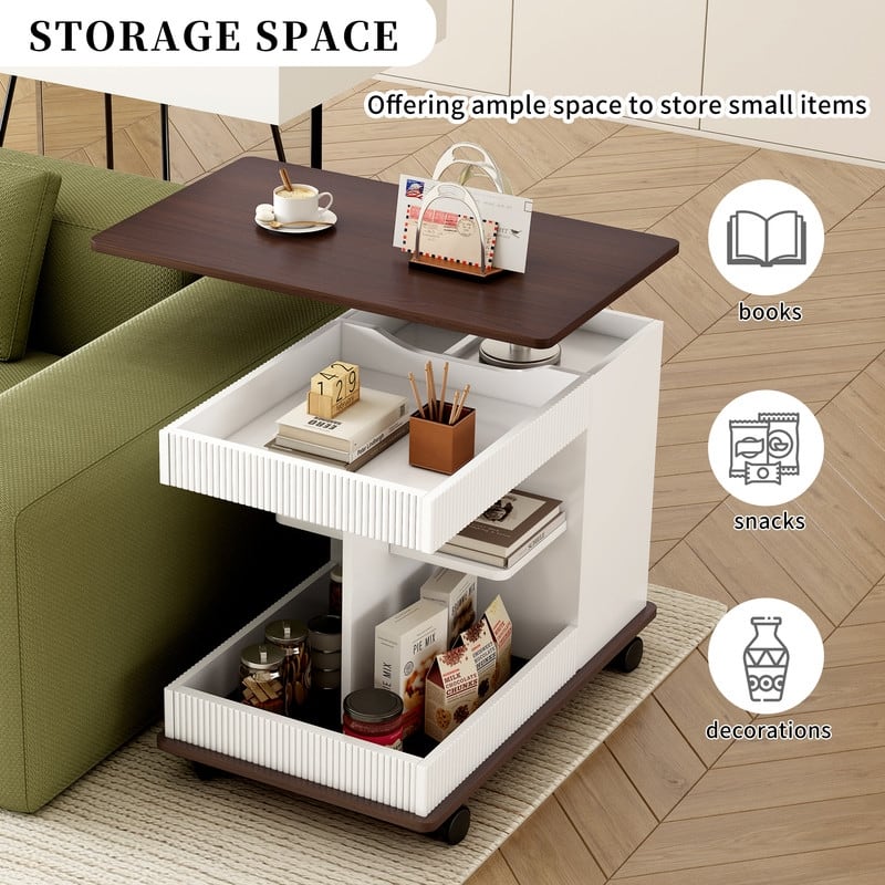 Adjustable End Table with Wheels, Modern Multifunctional Sofa Side Table with Lift-Top, 360°Rotating Top and Storage Space