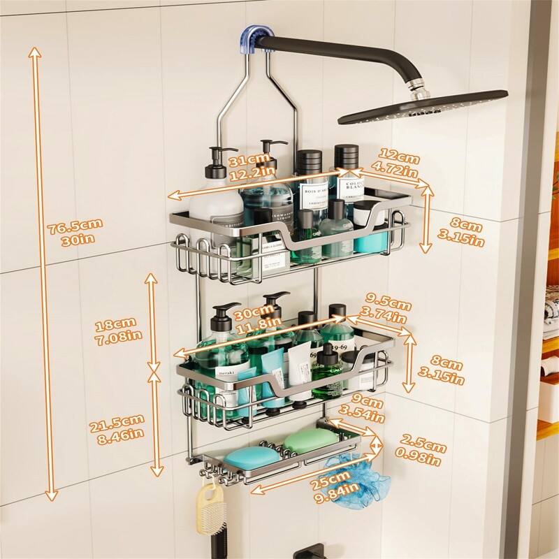 3 Tier Rustproof Hanging Shower Caddy - 4.72"D x 12.2"W x 30"H