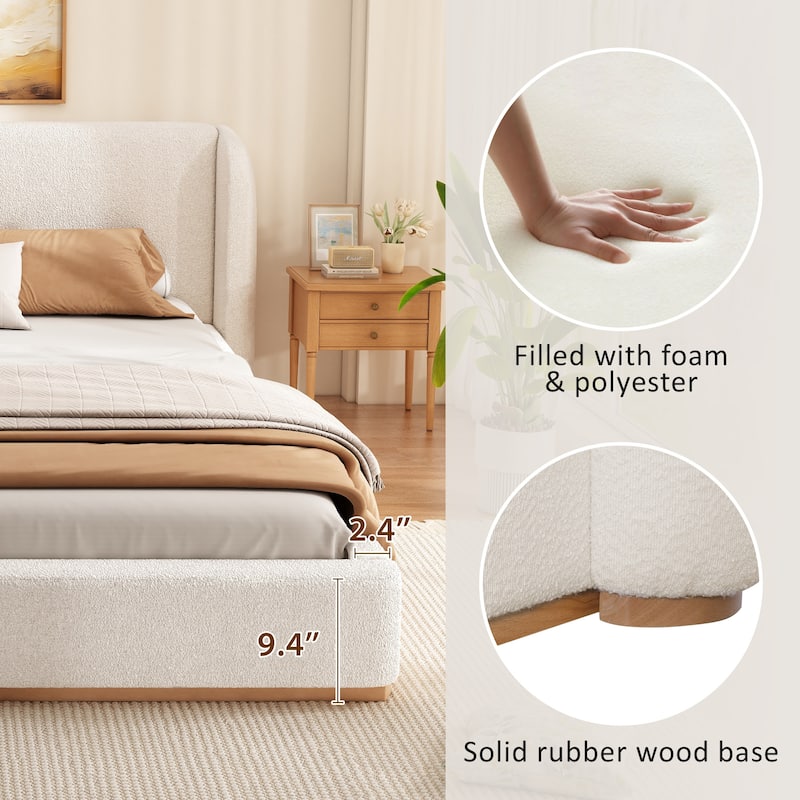Upholstered Bed Frame with Wingback Headboard/Soft Pack Platform Bed Frame/Solid Wood Base/No Box Spring Needed/Noise-Free/White