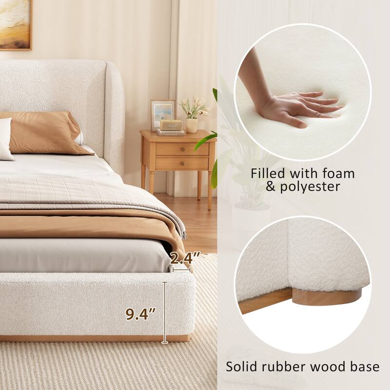 White Low Profile Platform Bed Ground Bed Boucle Frame with Upholstered Wingback Headboard