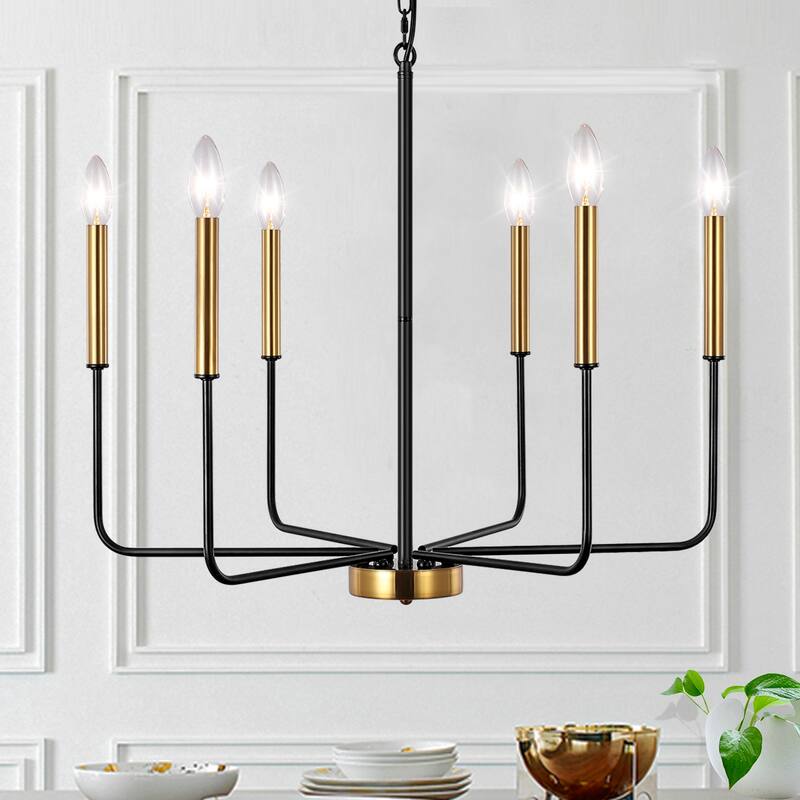 6-Light W26.18" x H66.92" Candle Chandelier for Living Room Kitchen Island - Black+Gold