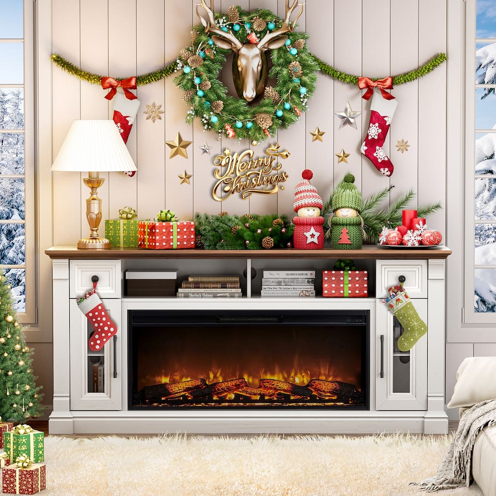 Fireplace TV Stand for 80" TV, Entertainment Center with LED Lights