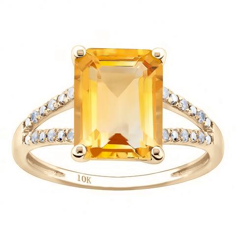 Viducci 10k Yellow Gold Genuine Emerald-Shape Citrine and Split-Shank Diamond Ring
