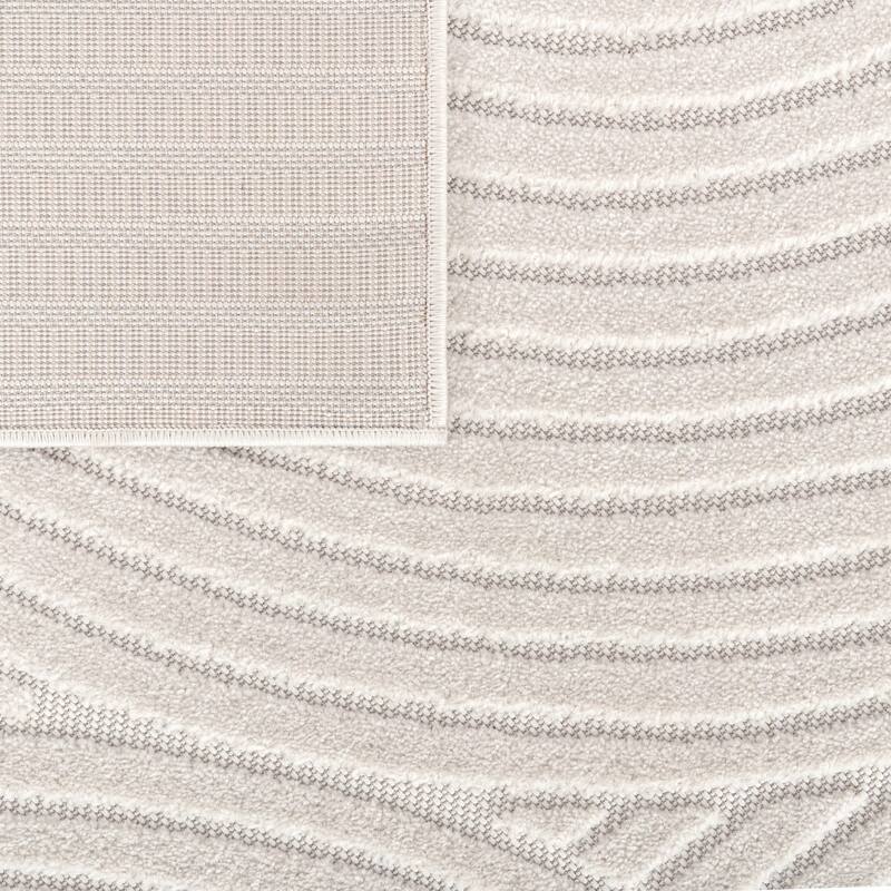 Minimalist In- & Outdoor Rug Boho with Curved Line Pattern in Silver Cream