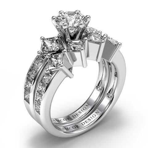 Amcor Design 14KT Gold 2.85 CT Channel Round & Princess Cut Diamond Matching Bridal Set - White H-I