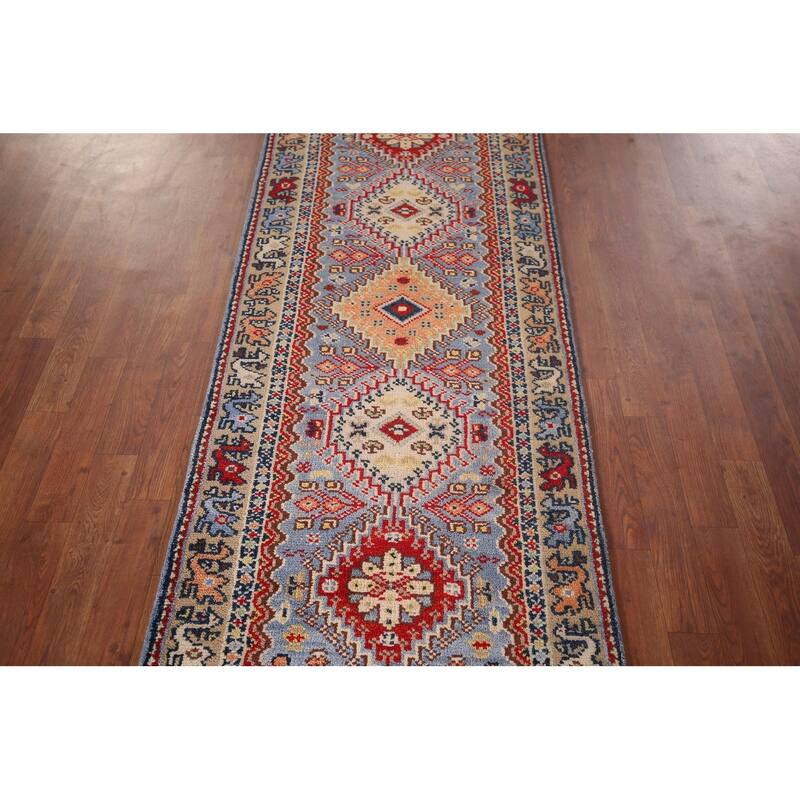 Light Blue Kazak Oriental Runner Rug Handmade Wool Carpet - 2'7"x 8'0"