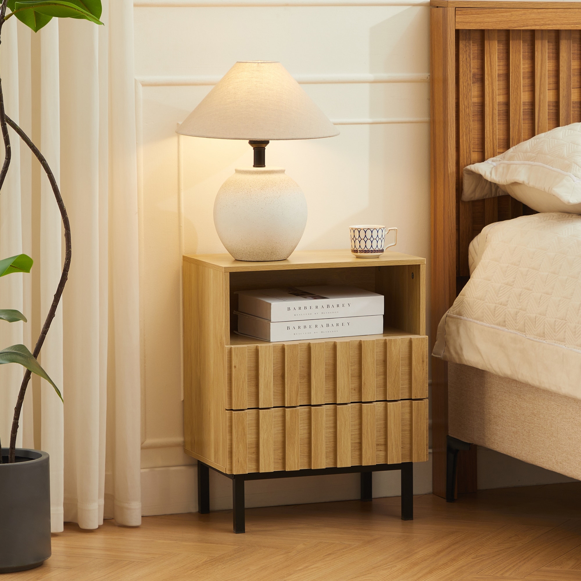 Mid Century Woodgrain Nightstand Pair 2 Drawers Bedside Table