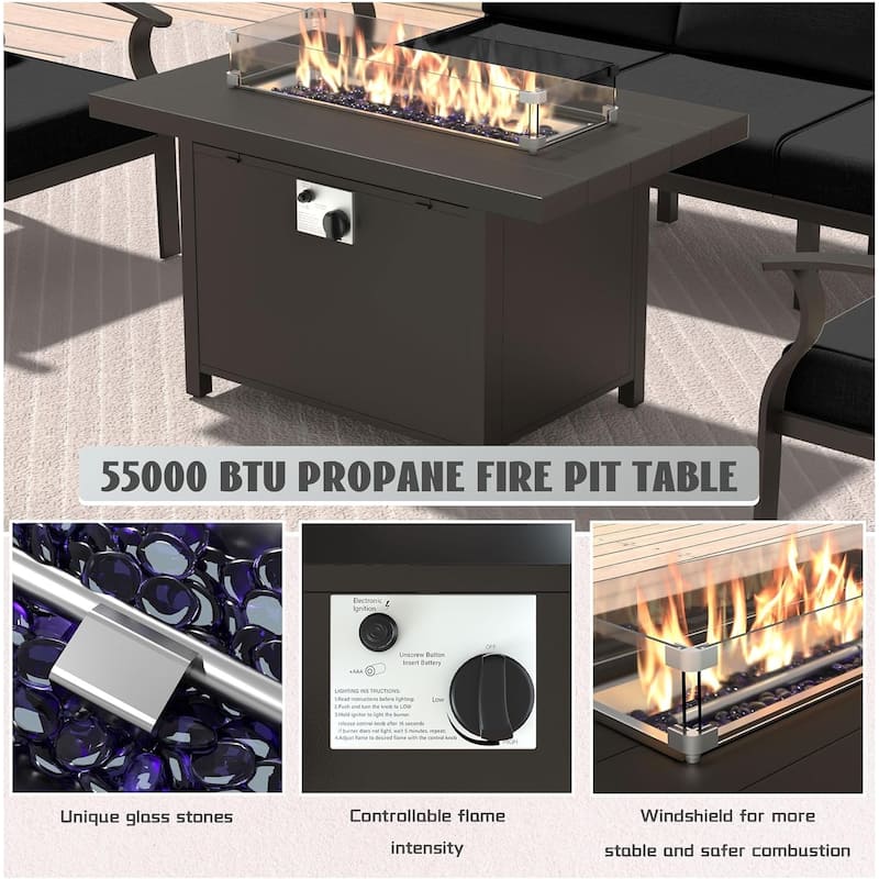 Kullavik Aluminum Outdoor Patio Furniture with Curved Armrests & Firepit Table