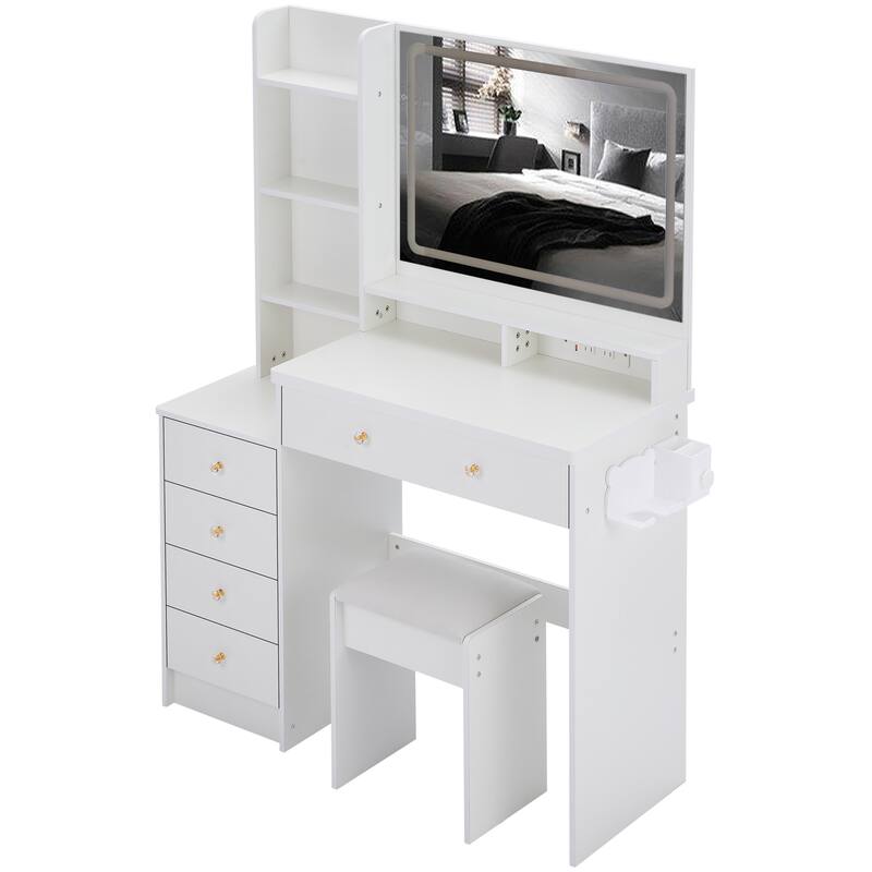Vanity Desk with Touch Control LED Mirror, Makeup Table with Hair Dryer Stand, Vanity Table Set with Cushioned Stool