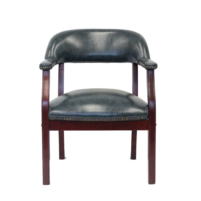 Elon Guest Chair with Brass Nailhead Trim, Mahogany Wood, Blue Vinyl
