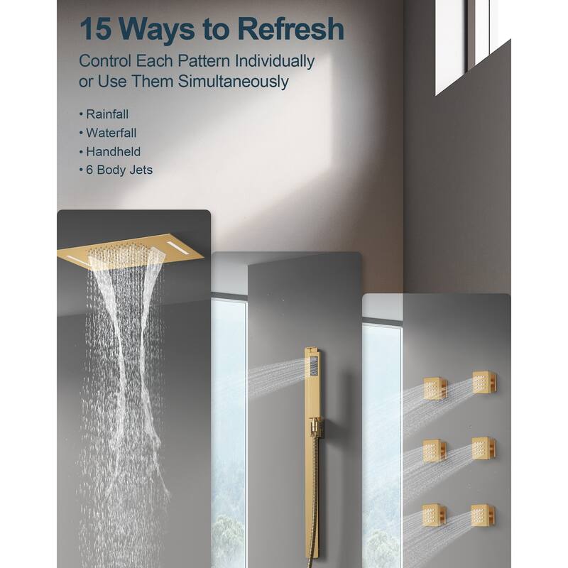 GRANDJOY Luxury Shower Faucets 22" LED Ceiling Mount Rainfall Shower Head System with 6 Body Jets