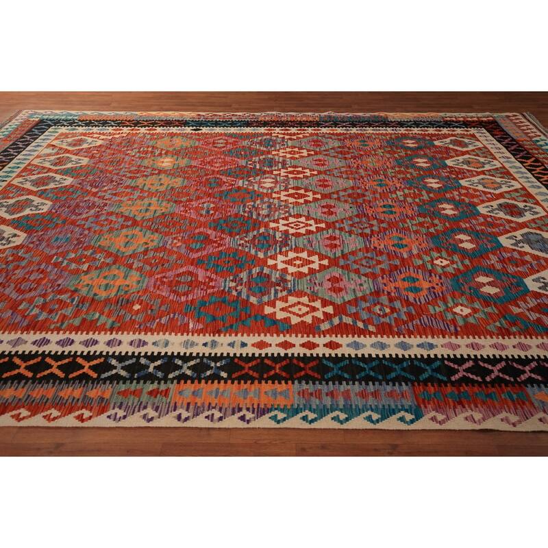 South Western Kilim Area Rug Hand-Woven Wool Carpet - 9'8" x 13'3"