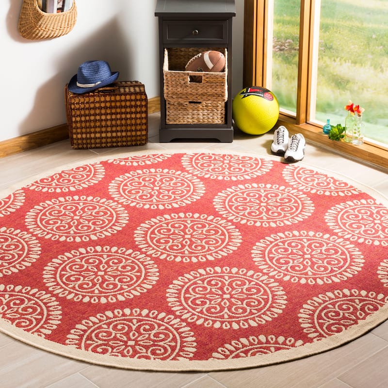 SAFAVIEH Linden Hyrije Indoor/ Outdoor Waterproof Patio Backyard Rug - 6'7" Round - Red/Creme