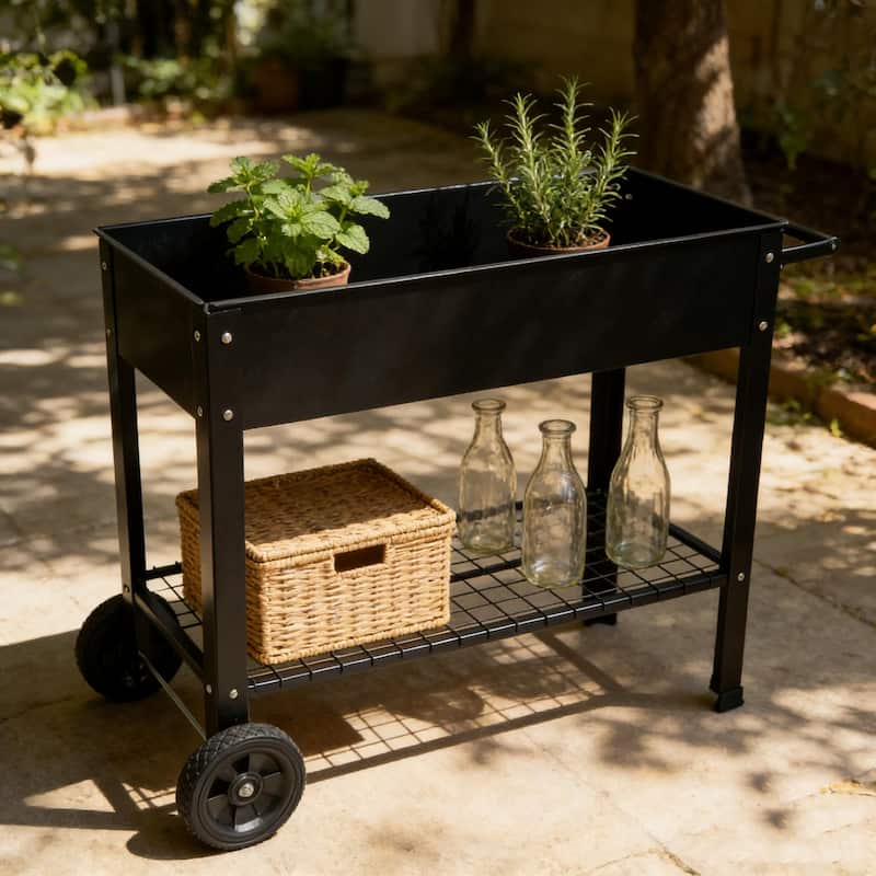 Anmytek Black Mobile Raised Garden Bed Cart with Storage Shelf Rolling Metal Planter Station with Large Wheels for Patio Balcony