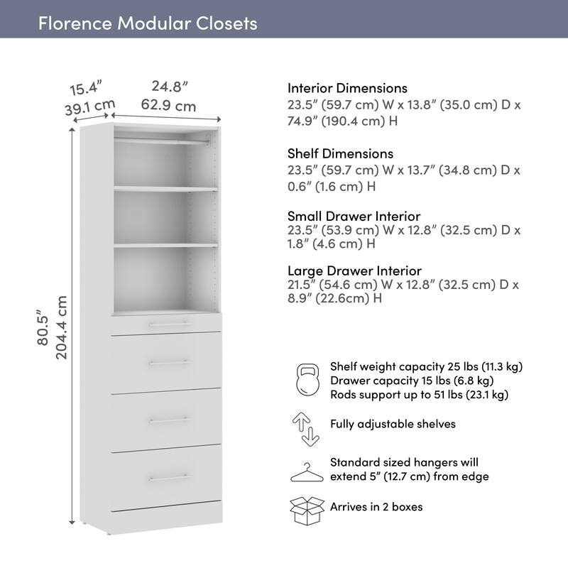 Bestar Florence 25W x 16D Closet System with 4 Drawers, Slab
