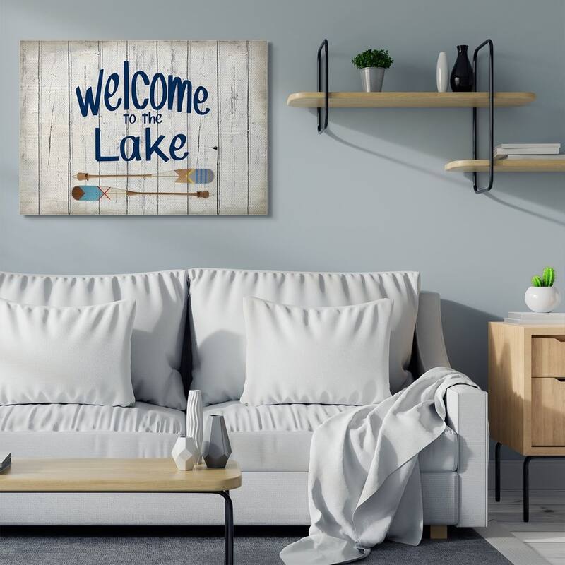 Stupell Welcome to Lake Greeting Boat Oars Lakehouse Blue Greeting Canvas Wall Art