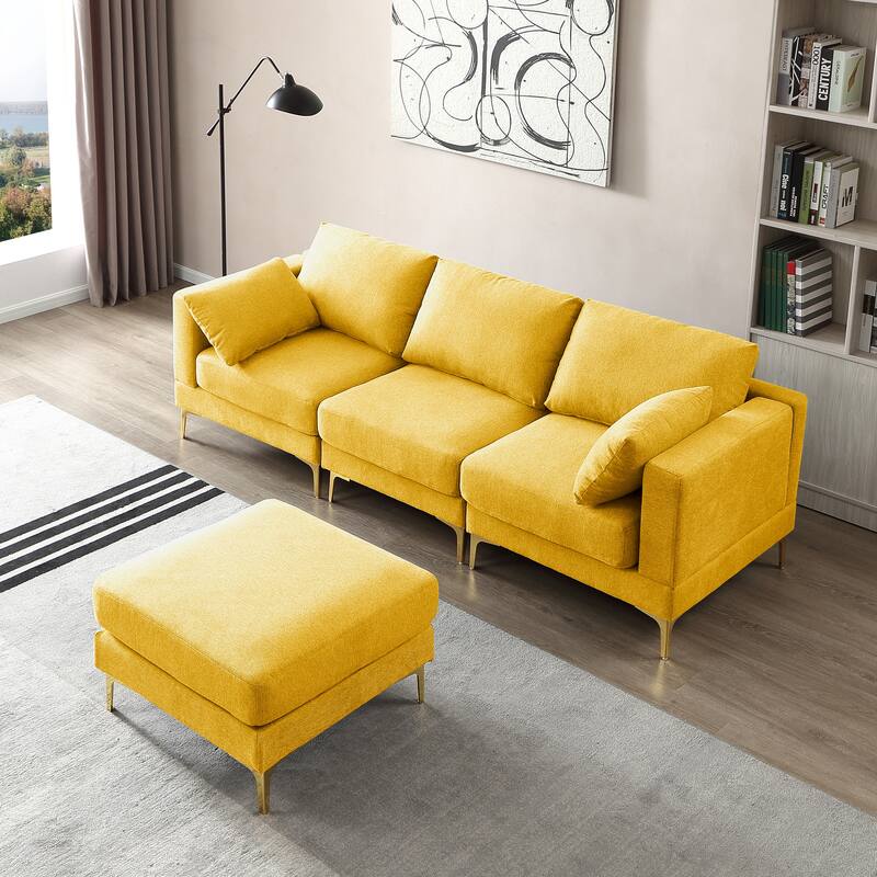 92'' Fabric L-Shape 3-Seater Sofa with Ottoman, Gold Metal Legs, and Toss Pillows